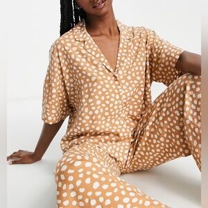 Piyama Tan/White Polka Dot Pajama Set Sz Small Loungewear Comfy